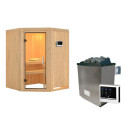 Sauna traditionnel d'angle LARIN - poêle a contrôle externe - avec porte en verre clair KARIBU