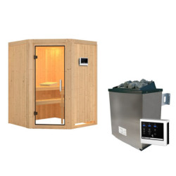 Sauna traditionnel d'angle LARIN - poêle a contrôle externe - avec porte en verre clair KARIBU