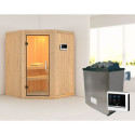Sauna traditionnel d'angle LARIN - poêle a contrôle externe - avec porte en verre clair KARIBU