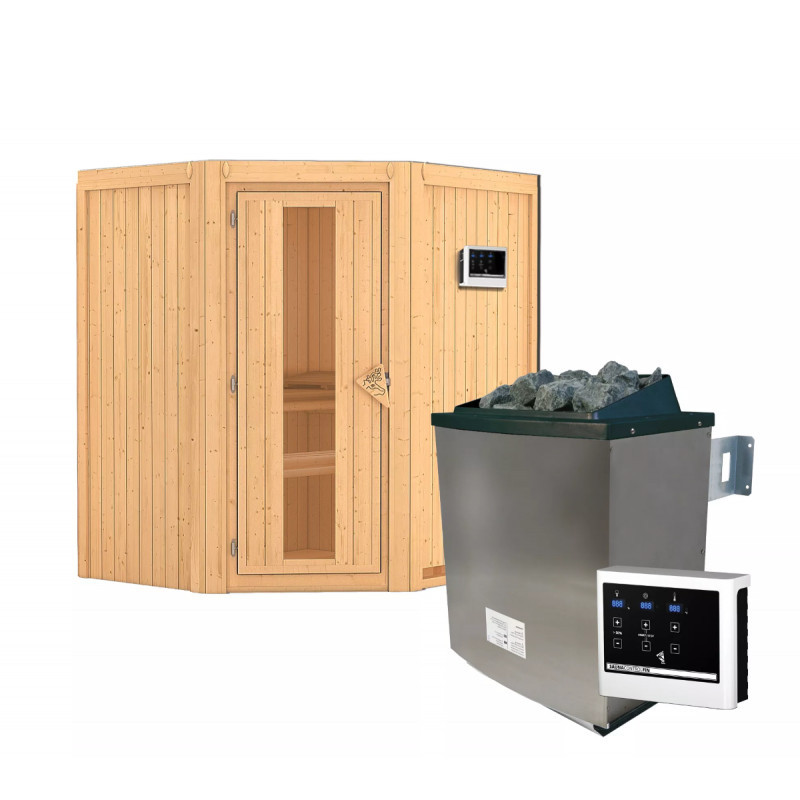 Sauna traditionnel d'angle TAURIN - poêle a contrôle externe - porte à économie d'énergie KARIBU