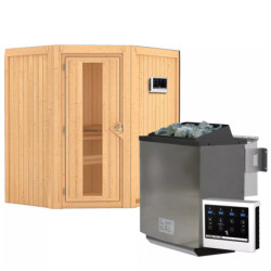 Sauna traditionnel d'angle TAURIN - poêle Easy Bio 9000W - porte à économie d'énergie KARIBU
