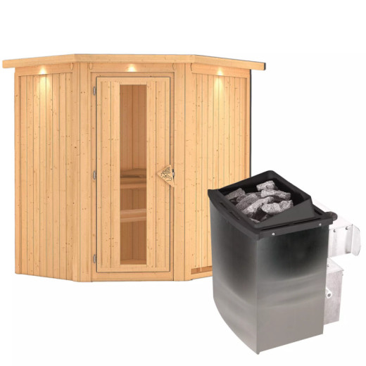 Sauna traditionnel d'angle TAURIN - poêle avec contrôle intégré - porte à économie d'énergie KARIBU