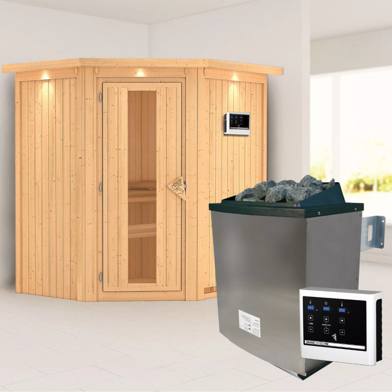 Sauna traditionnel d'angle TAURIN - poêle avec contrôle externe - porte à économie d'énergie KARIBU