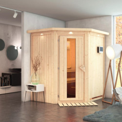 Sauna traditionnel d'angle TAURIN - avec poêle Easy Bio 9000W - porte à économie d'énergie KARIBU