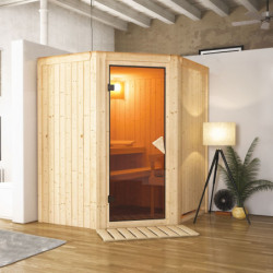 Sauna traditionnel d'angle TAURIN - poêle avec contrôle intégré - avec porte classique KARIBU