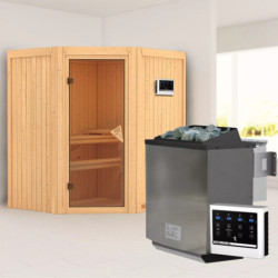 Sauna traditionnel d'angle TAURIN - avec poêle Easy Bio 9000W - avec porte classique KARIBU
