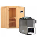 Sauna traditionnel d'angle TAURIN - avec poêle Easy Bio 9000W - avec porte classique KARIBU