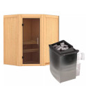 Sauna traditionnel d'angle TAURIN - poêle avec contrôle intégré - porte moderne KARIBU