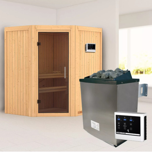 Sauna traditionnel d'angle TAURIN - poêle avec contrôle externe - porte moderne KARIBU