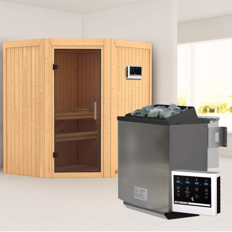Sauna traditionnel d'angle TAURIN avec poêle Easy Bio 9000W - porte moderne KARIBU