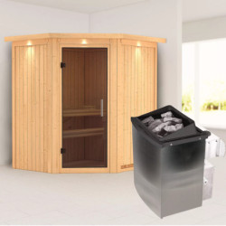 Sauna traditionnel d'angle TAURIN - poêle avec contrôle intégré - porte moderne KARIBU