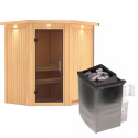 Sauna traditionnel d'angle TAURIN - poêle avec contrôle intégré - porte moderne KARIBU