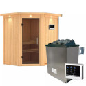Sauna traditionnel d'angle TAURIN - poêle avec contrôle externe - porte moderne KARIBU