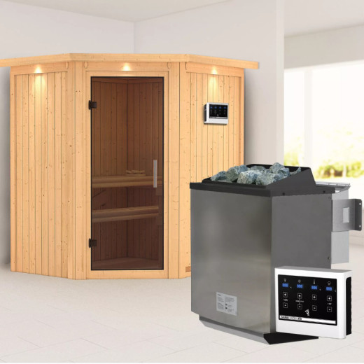 Sauna traditionnel d'angle TAURIN avec poêle Easy Bio 9000W - porte moderne - KARIBU