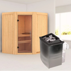 Sauna traditionnel d'angle TAURIN 2 à 3 places 68mm - poêle avec contrôle intégré - porte en verre clair - KARIBU