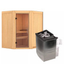 Sauna traditionnel d'angle TAURIN 2 à 3 places 68mm - poêle avec contrôle intégré - porte en verre clair - KARIBU