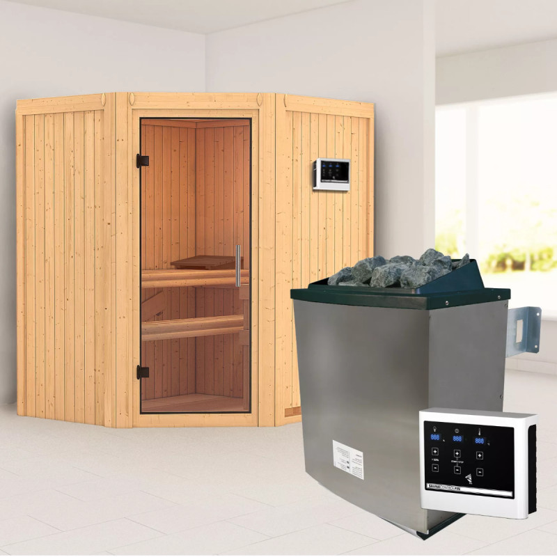 Sauna traditionnel d'angle TAURIN 2 à 3 places 68mm - poêle avec contrôle externe - porte en verre clair - KARIBU
