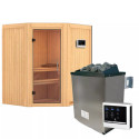 Sauna traditionnel d'angle TAURIN 2 à 3 places 68mm - poêle avec contrôle externe - porte en verre clair - KARIBU
