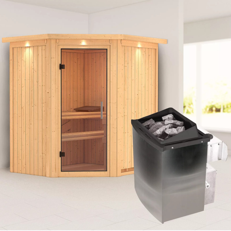 Sauna traditionnel d'angle TAURIN 2 à 3 places 68mm - poêle avec contrôle intégré - porte en verre clair - KARIBU	