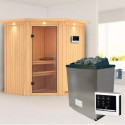 Sauna traditionnel d'angle TAURIN 2 à 3 places 68mm - poêle avec contrôle externe avec couronne - KARIBU