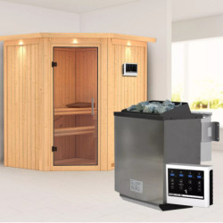 Sauna traditionnel d'angle TAURIN 2 à 3 places 68mm avec poêle Easy Bio 9000W avec couronne - KARIBU