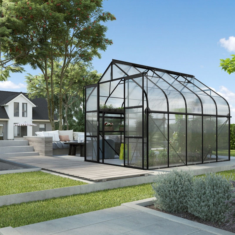 Serre de jardin Diana 8,3m² en aluminium noir et panneaux de polycarbonate 4mm - Vitavia