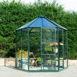 Serre de jardin hexagonale Hera 4,5m² en aluminium émeraude et vitrage combiné - Vitavia