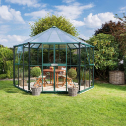 Serre de jardin hexagonale Hera 9m² en aluminium émeraude et vitrage combiné - Vitavia