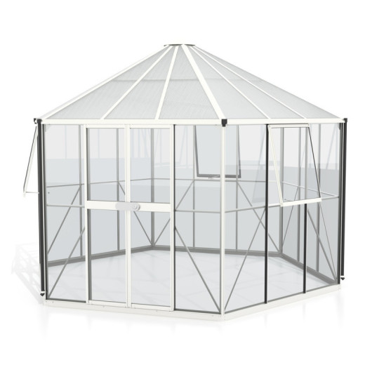 Serre de jardin hexagonale Hera 9m² en aluminium blanc et vitrage combiné - Vitavia
