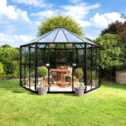 Serre de jardin hexagonale Hera 9m² en aluminium noir et vitrage combiné - Vitavia