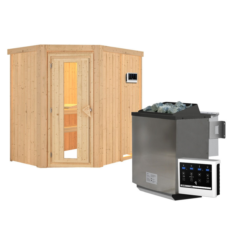 Sauna traditionnel d'angle CARIN - poêle Easy Bio 9000W sans couronne - KARIBU