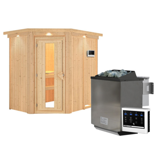 Sauna traditionnel d'angle CARIN - poêle Easy Bio 9000W et couronne - KARIBU