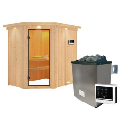 Sauna traditionnel d'angle CARIN - poêle 9000W ctrl externe et couronne - KARIBU