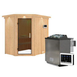 Sauna traditionnel d'angle CARIN - poêle Easy Bio 9000W et couronne - KARIBU