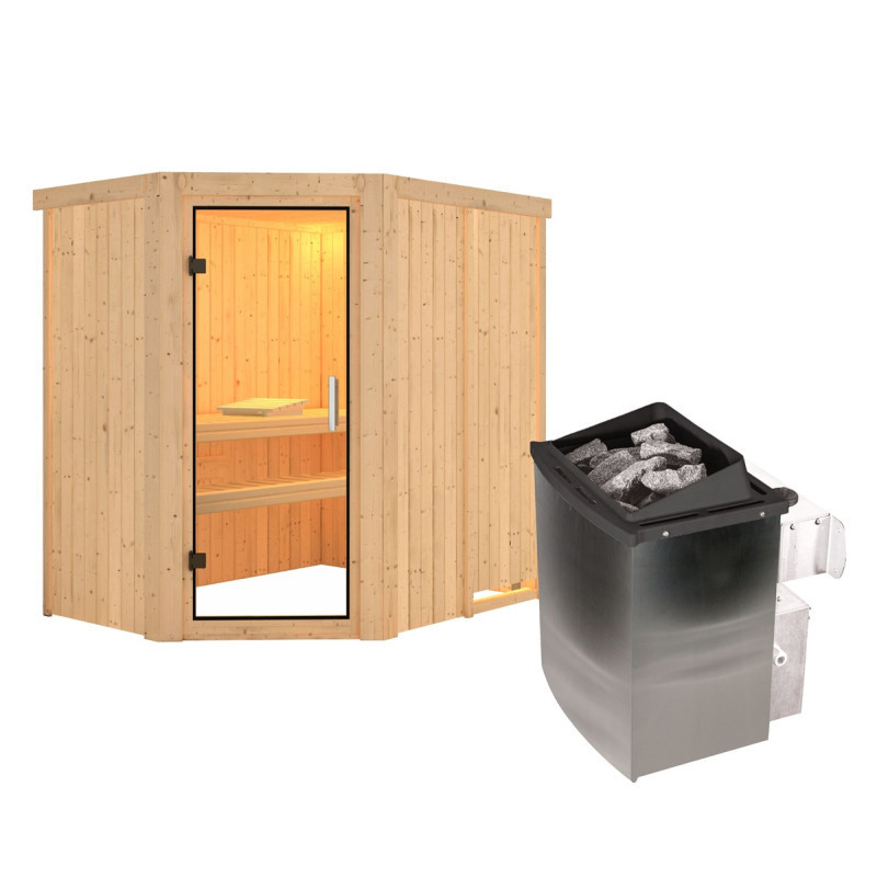Sauna traditionnel d'angle CARIN - poêle 9000W ctrl intégré sans couronne - KARIBU